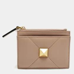 Pre Owned Valentino Beige Quilted Leather One Stud Card Case