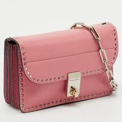 Pre Owned Valentino Pink Leather Rockstud Cabana Chain Crossbody Bag