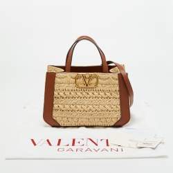 Pre Owned Valentino Brown/Natural Raffia and Leather Small VLogo Signature Tote