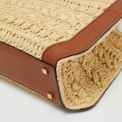 Pre Owned Valentino Brown/Natural Raffia and Leather Small VLogo Signature Tote