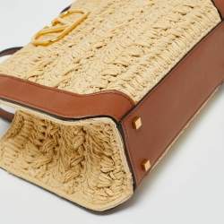 Pre Owned Valentino Brown/Natural Raffia and Leather Small VLogo Signature Tote
