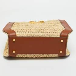 Pre Owned Valentino Brown/Natural Raffia and Leather Small VLogo Signature Tote