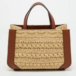 Pre Owned Valentino Brown/Natural Raffia and Leather Small VLogo Signature Tote