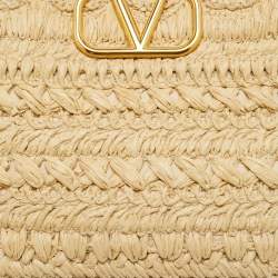 Pre Owned Valentino Brown/Natural Raffia and Leather Small VLogo Signature Tote