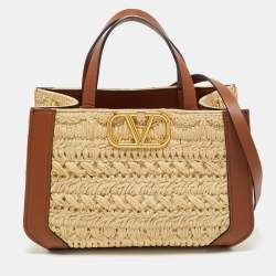 Pre Owned Valentino Brown/Natural Raffia and Leather Small VLogo Signature Tote