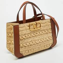 Pre Owned Valentino Brown/Natural Raffia and Leather Small VLogo Signature Tote