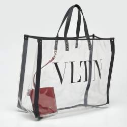 Pre Owned Valentino Black/Clear PVC and Leather Grande VLTN Plage Tote