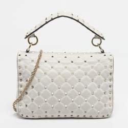 Pre Owned Valentino White Quilted Leather Medium VLTN Rockstud Spike Shoulder Bag