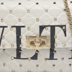 Pre Owned Valentino White Quilted Leather Medium VLTN Rockstud Spike Shoulder Bag