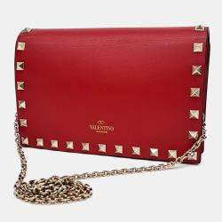 Pre Owned Valentino Red Leather Rockstud Chain Crossbody Bag