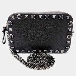 Pre Owned Valentino Black Leather Rockstud Mini Chain Crossbody Bag
