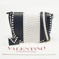 Pre Owned Valentino Navy Blue/White Leather Colorblock Halfmoon Saddle Crossbody Bag