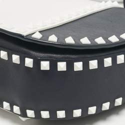 Pre Owned Valentino Navy Blue/White Leather Colorblock Halfmoon Saddle Crossbody Bag