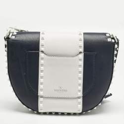Pre Owned Valentino Navy Blue/White Leather Colorblock Halfmoon Saddle Crossbody Bag
