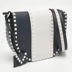 Pre Owned Valentino Navy Blue/White Leather Colorblock Halfmoon Saddle Crossbody Bag