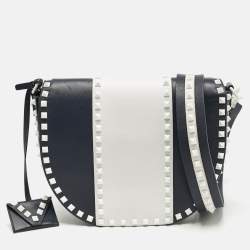 Pre Owned Valentino Navy Blue/White Leather Colorblock Halfmoon Saddle Crossbody Bag