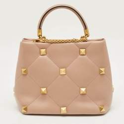 Pre Owned Valentino Dusty Pink Quilted Leather Medium Roman Stud Top Handle Bag