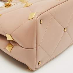 Pre Owned Valentino Dusty Pink Quilted Leather Medium Roman Stud Top Handle Bag