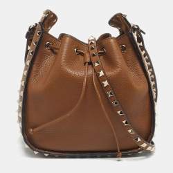 Pre Owned Valentino Brown Leather Rockstud Drawstring Bucket Bag