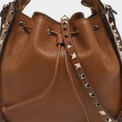 Pre Owned Valentino Brown Leather Rockstud Drawstring Bucket Bag