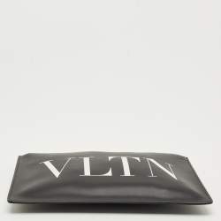 Pre Owned Valentino Black Leather Large VLTN Flat Zip Pouch