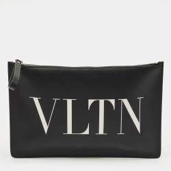 Pre Owned Valentino Black Leather Large VLTN Flat Zip Pouch