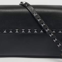 Pre Owned Valentino Black Leather Rockstud Flap Crossbody Bag