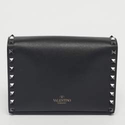 Pre Owned Valentino Black Leather Rockstud Flap Crossbody Bag