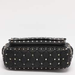 Pre Owned Valentino Black Quilted Leather Medium Rockstud Spike Top Handle Bag