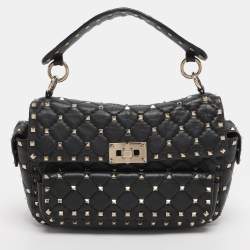 Pre Owned Valentino Black Quilted Leather Medium Rockstud Spike Top Handle Bag
