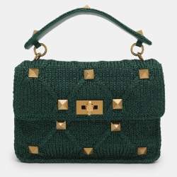 Pre Owned Valentino Green Knit Fabric Roman Stud Shoulder Bag