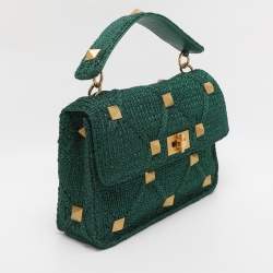 Pre Owned Valentino Green Knit Fabric Roman Stud Shoulder Bag