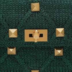 Pre Owned Valentino Green Knit Fabric Roman Stud Shoulder Bag
