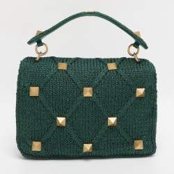 Pre Owned Valentino Green Knit Fabric Roman Stud Shoulder Bag