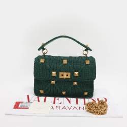 Pre Owned Valentino Green Knit Fabric Roman Stud Shoulder Bag
