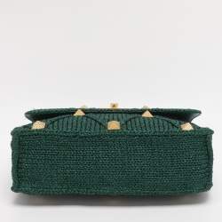 Pre Owned Valentino Green Knit Fabric Roman Stud Shoulder Bag