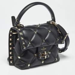 Pre Owned Valentino Black Quilted Leather Mini Candystud Top Handle Bag