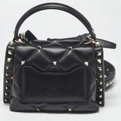 Pre Owned Valentino Black Quilted Leather Mini Candystud Top Handle Bag