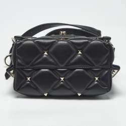 Pre Owned Valentino Black Quilted Leather Mini Candystud Top Handle Bag