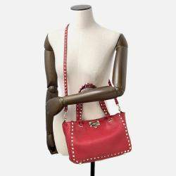 Pre Owned Valentino Garavani Rock Studded 2-Way Shoulder Bag Red Leather