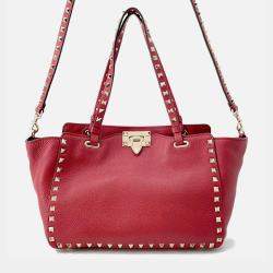 Pre Owned Valentino Garavani Rock Studded 2-Way Shoulder Bag Red Leather