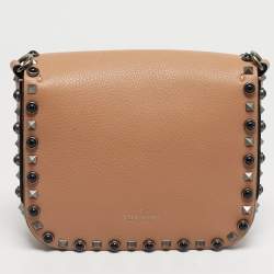 Pre Owned Valentino Nude Leather Rolling Rockstud Flap Shoulder Bag