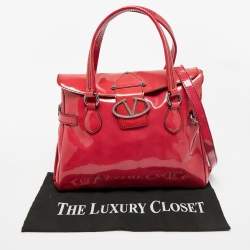Pre Owned Valentino Fuchsia Patent Leather Crystal VLogo Satchel