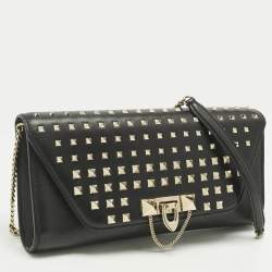 Pre Owned Valentino Black Leather Rockstud Envelope Flap Shoulder Bag