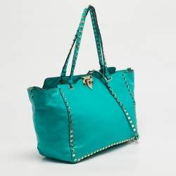 Pre Owned Valentino Green Leather Medium Rockstud Trapeze Tote