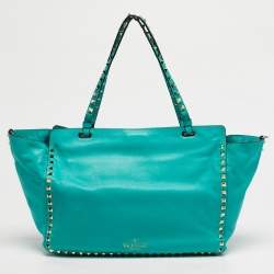 Pre Owned Valentino Green Leather Medium Rockstud Trapeze Tote