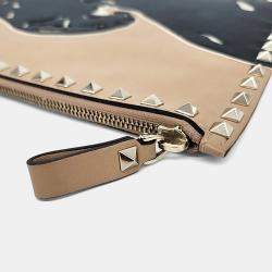 Pre Owned Valentino Beige Black Leather Rockstud Clutch