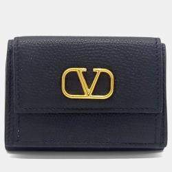 Pre Owned Valentino Black Leather V-logo half wallet