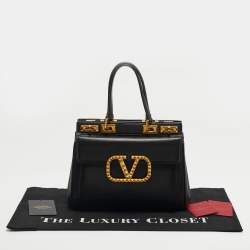 Pre Owned حقيبة بيد علوية فالنتينو جلد أسود ألكوف روكستد متوسطة