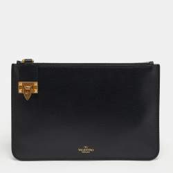 Pre Owned Valentino Black Leather Small Zip Flat Pouch